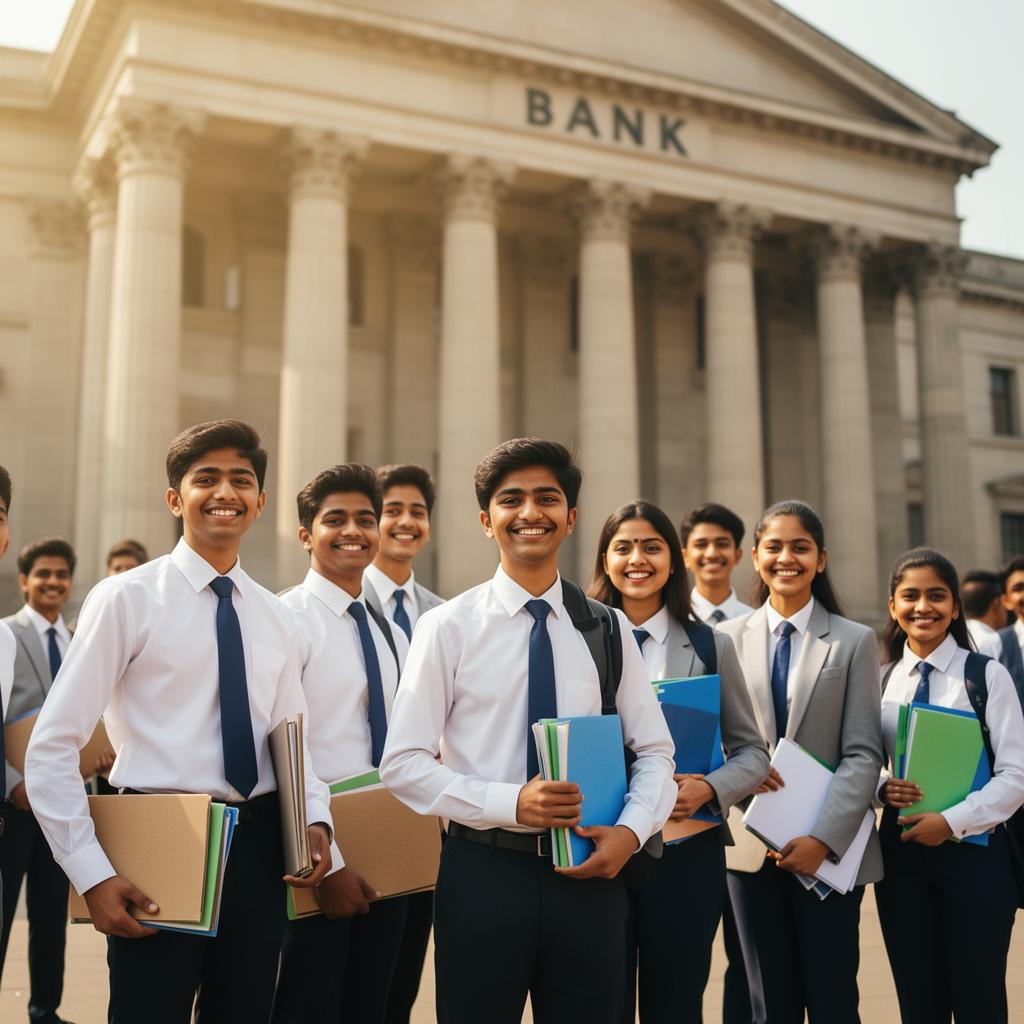 Students in formal attire outside a bank